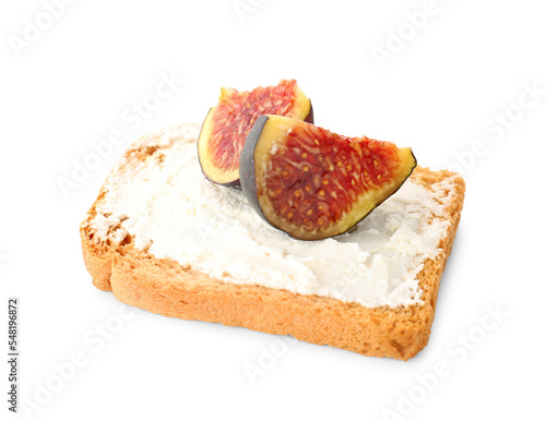 Tasty bruschetta with cream cheese and figs on white background photo