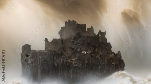 A concept art illustration of Crumbling Farum Azula. A location from Elden ring game. Levitating ruins of castle/fortress and colosseum spinning and flying around a huge tornado. Vortex and whirlwind photo