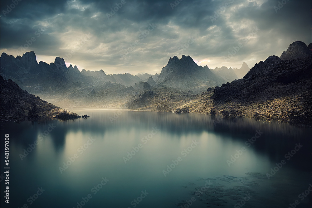 Dramatic fantasy landscape lake with mountains overcast sky