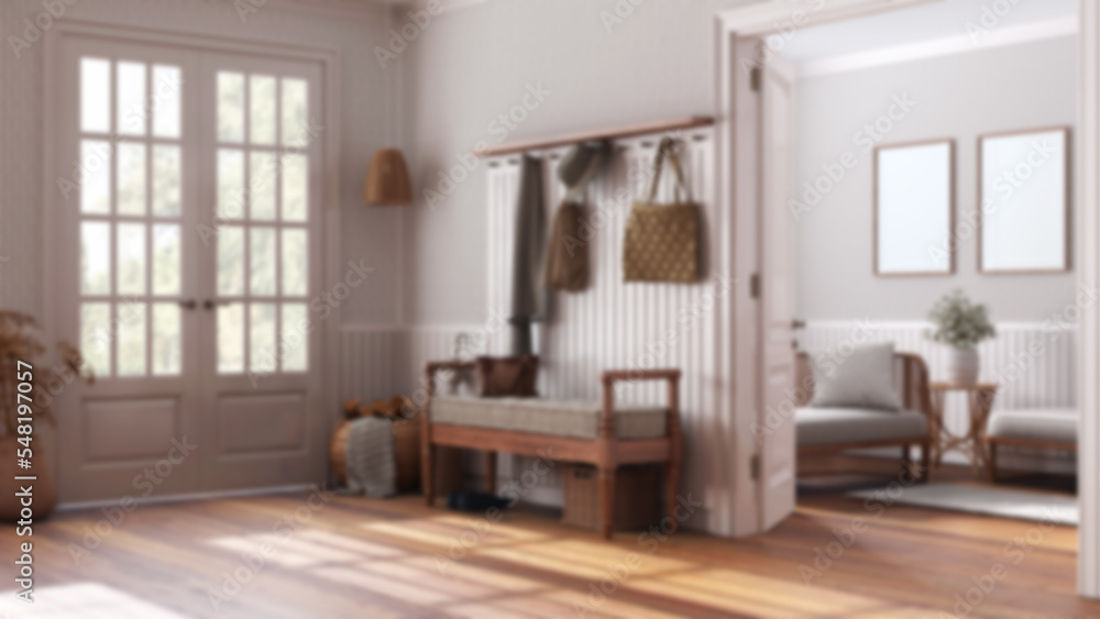 Blurred background, scandinavian hallway and living room. Wooden bench, sofa and coat rack. Glass entrance door, farmhouse interior design Blurred background, scandinavian hallway and living room. Wooden bench, sofa and coat rack. Glass entrance door, farmhouse interior design