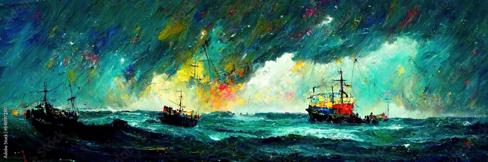 ship lost in the ocean in a stormy night. 