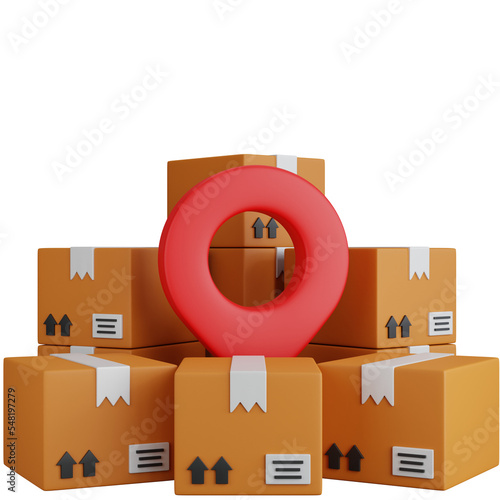 3d rendering shipping box with pinpoint map isolated