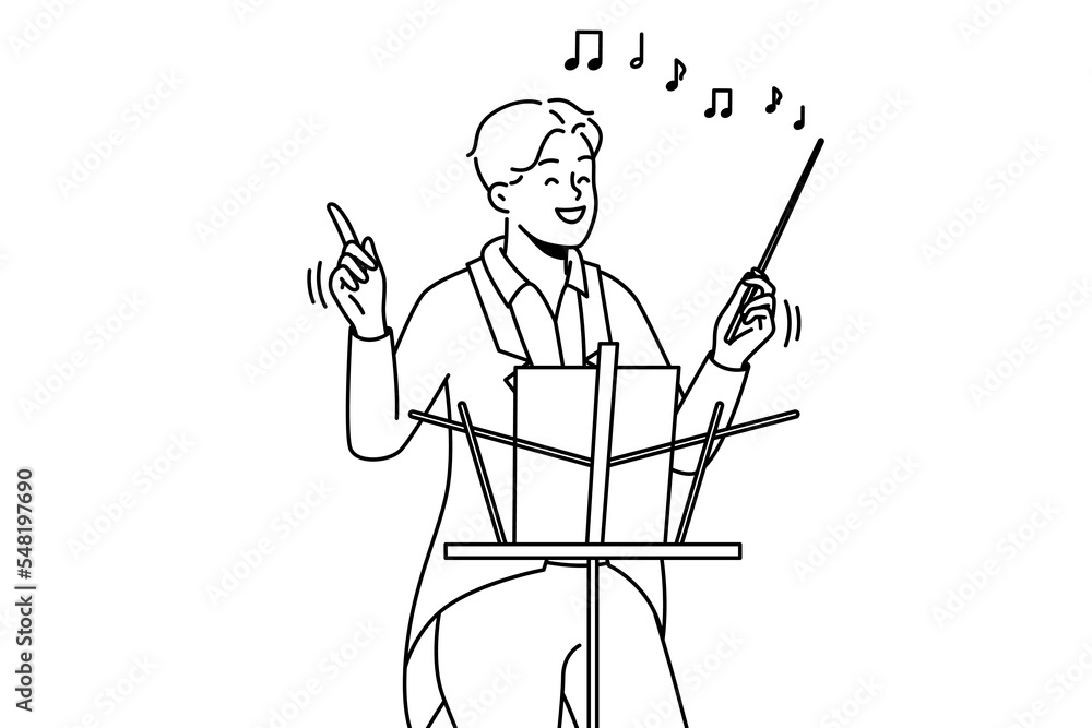 Smiling male conductor in formalwear hold baton working in concert hall. Happy man musician or artist with stick conduct performance. Vector illustration. Smiling male conductor in formalwear hold baton working in concert hall. Happy man musician or artist with stick conduct performance. Vector illustration.