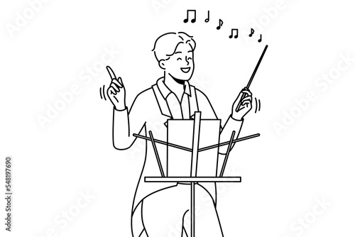Smiling male conductor in formalwear hold baton working in concert hall. Happy man musician or artist with stick conduct performance. Vector illustration. 