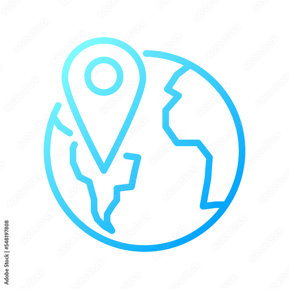 Globe with pin pixel perfect gradient linear vector icon. Word navigation. Earth with destination mark. Thin line color symbol. Modern style pictogram. Vector isolated outline drawing Globe with pin pixel perfect gradient linear vector icon. Word navigation. Earth with destination mark. Thin line color symbol. Modern style pictogram. Vector isolated outline drawing