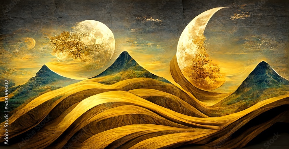 3d modern art mural wallpaper, night landscape with dark turquoise