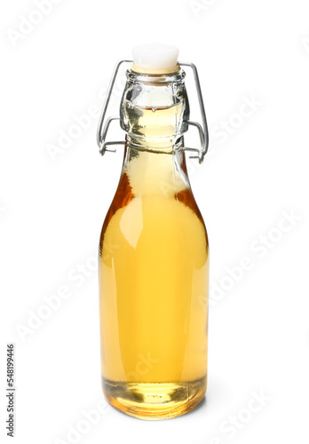 Bottle of fresh apple juice on white background