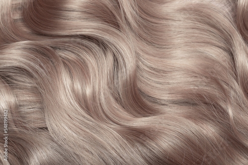 Blond hair close-up as a background. Women\'s long light brown hair. Beautifully styled wavy shiny curls. Hair coloring. Hairdressing procedures, extension.