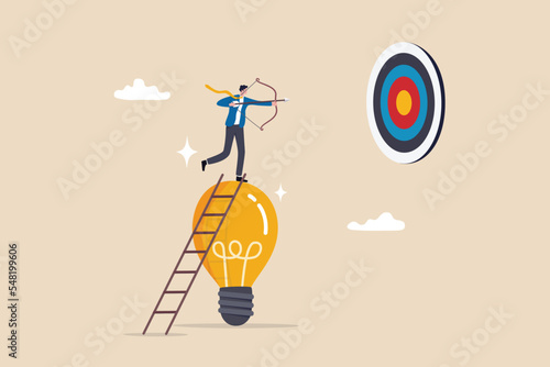Idea to achieve target, strategy or planning to achieve goal, innovation to insight to reach target, solution or creativity concept, businessman climb up ladder on lightbulb idea to shoot at target.