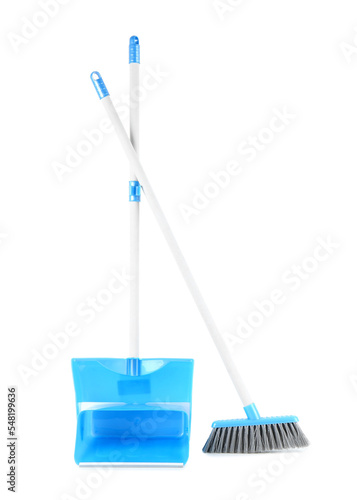 Cleaning broom and dustpan isolated on white background