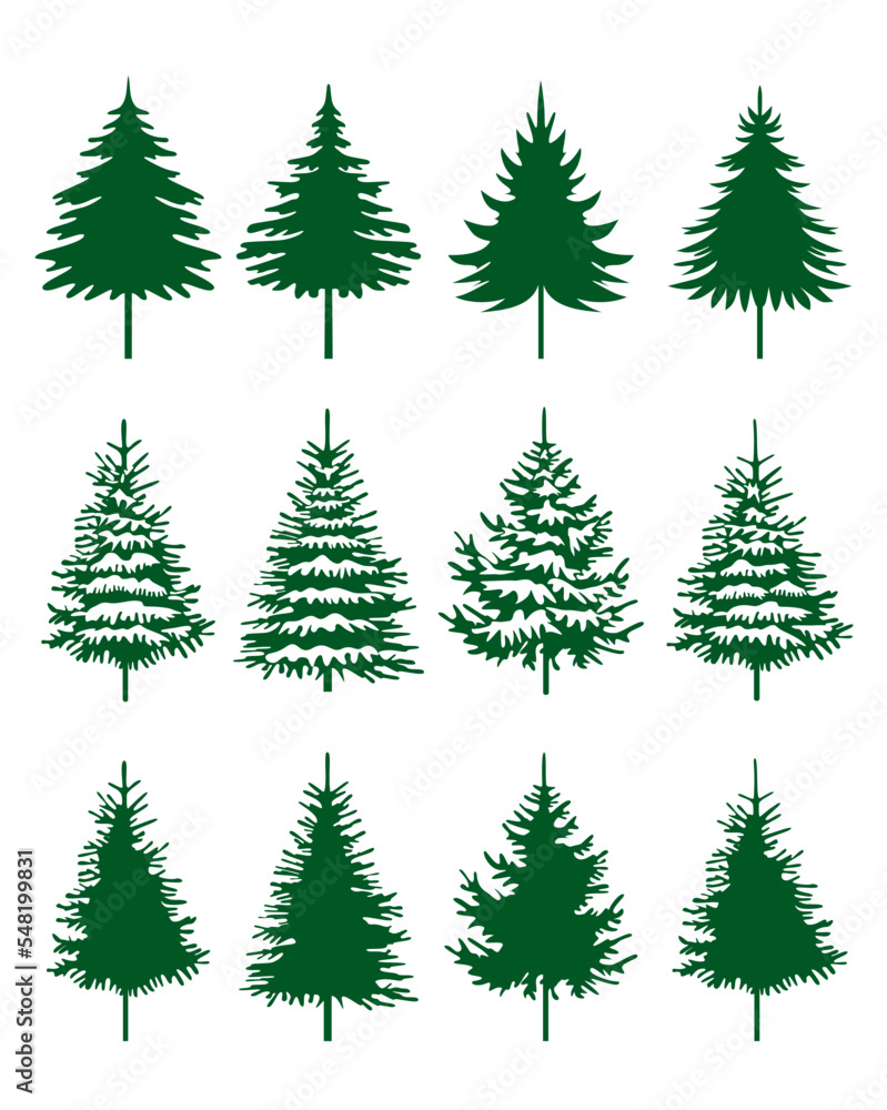 Green Spruce Trees. Winter season design elements and simply pictogram. Set Isolated vector Christmas Tree Icons and Illustration.