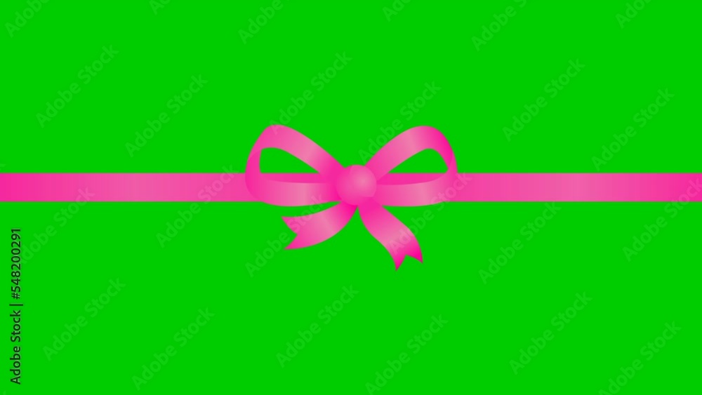 Animated pink ribbon with a bow. Vector illustration isolated on the green background.