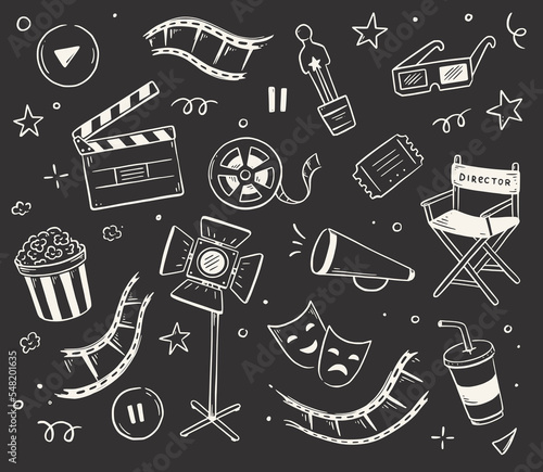 Movie, cinema doodle icon illustration. Doodle hand drawn sketch style movie elements, popcorn, video camera, clapperboard. Vector line illustration.