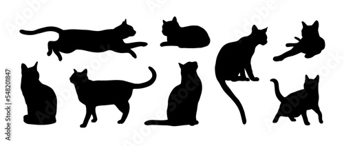 Black Cat Silhouette Abstract Set in different poses. Sitting, standing, running etc. Icon, Logo vector illustration.
