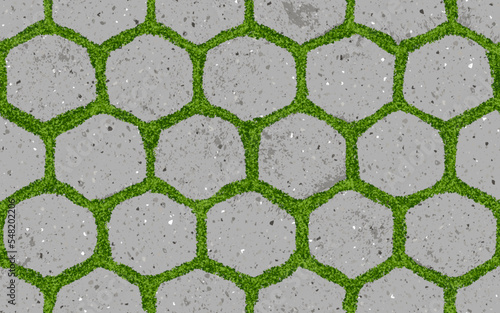 Seamless pattern of old pavement with moss and with hexagon textured bricks. Vector pathway texture top view. Outdoor slab sidewalk. Cobblestone footpath or patio. Concrete block floor