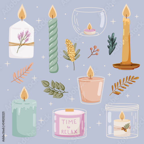 Scented candles, set of isolated items with decorative branches, vector illustration, flat hand drawn style