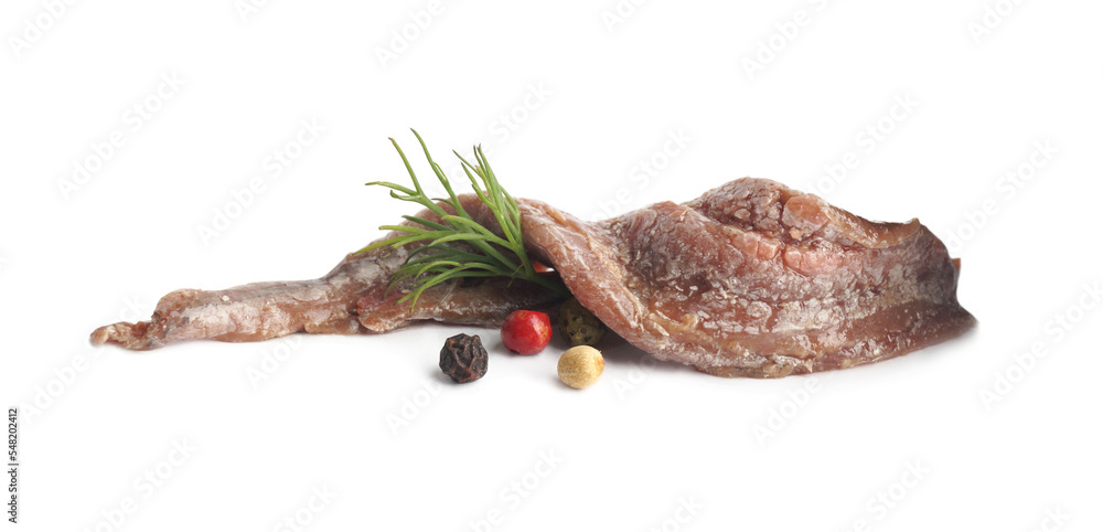 Delicious anchovy fillets, dill and spices on white background Delicious anchovy fillets, dill and spices on white background
