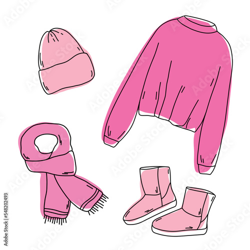Warm clothes. Knitted sweater, hat, scarf and ugg boots. Doodle winter clothes vector collection. Vector sketch icon isolated on white. Seasonal Design elements