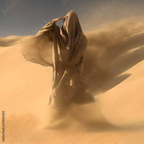 A spirit of the dunes. A man in a hooded robe wading through sands in a hot desert. Strong wind. The man is morphing into sand and dust. Sandstorm, sand walker  photo