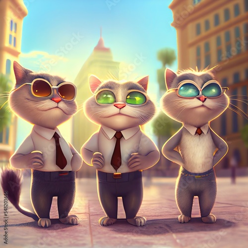 Three cute adorable cats in business clothes at the street. Hello sign. Toon illustration generated by Ai	 photo