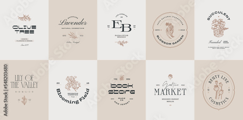 Hand drawn line art minimal vector logo design template collection. Botanical illustration of elegant signs and badges for beauty, creative agency, cosmetics, spa and wellness, fashion, wedding.
