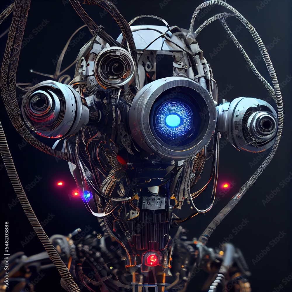 Fototapeta premium Robotic observer made with metals, cables and wires, in style of cyberpunk. Gorgeous illustration generated by Ai.