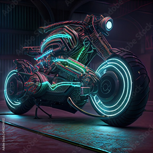 Futuristic motorcycle made with metals  cables and wire in style of cyberpunk  generated by Ai