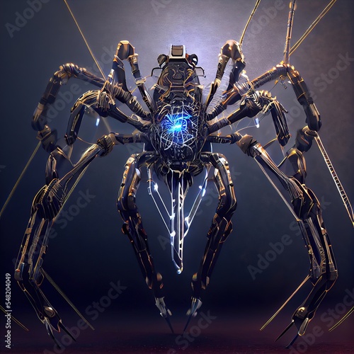 Robotic spider made with metals  cables and wires  in style of cyberpunk. Gorgeous illustration generated by Ai.