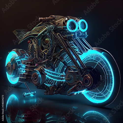 Futuristic motorcycle made with metals  cables and wire in style of cyberpunk  generated by Ai