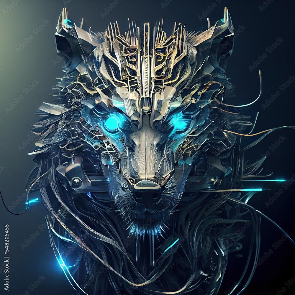 Wolf Like Machine Robotic wolf made with metals, cables and wires, in style of cyberpunk ...