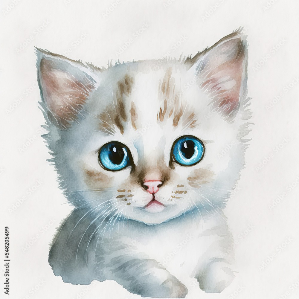 Watercolor illustration portrait of a kitten 