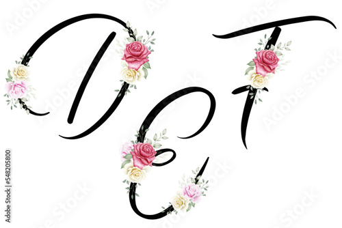 Floral Alphabet Set with flowers bouquet composition ,