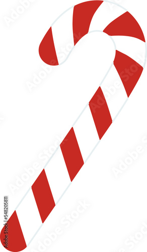 Christmas candy cane with red and white stripes isolated on blue background. Sweet stick for New Year. Vector flat illustration photo