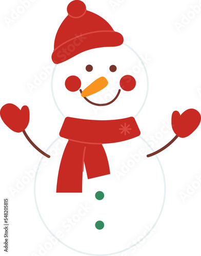 Happy snowman in a red hat, scarf and mittens isolated on blue background. Vector flat illustration for winter, Christmas, New Year