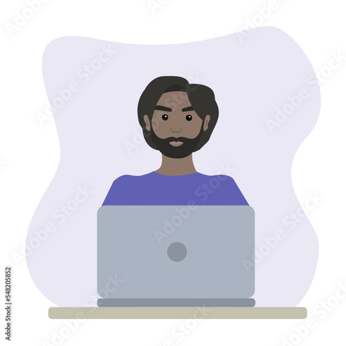 Man with laptop. Home office concept. Vector illustration for cards, posters, flyers, webs.