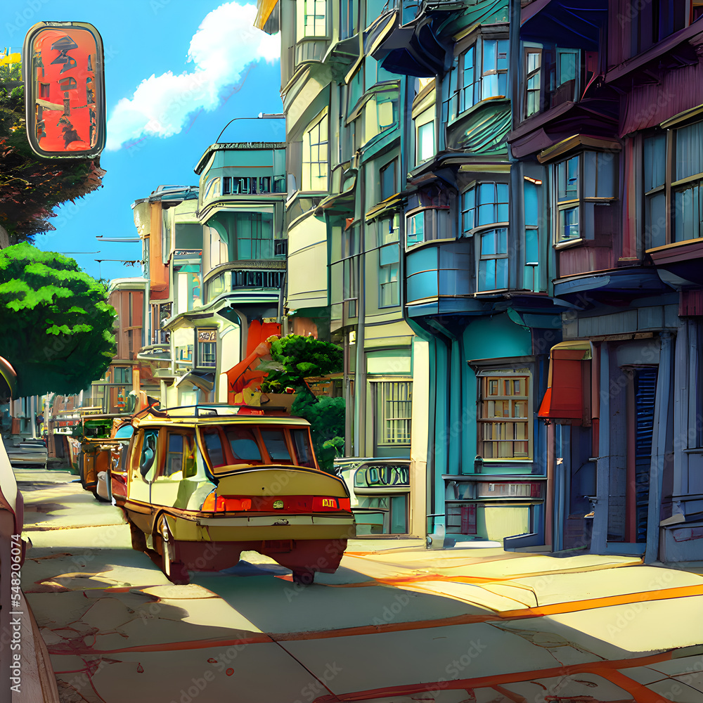 Obraz premium アニメの世界のような町や家のある風景。