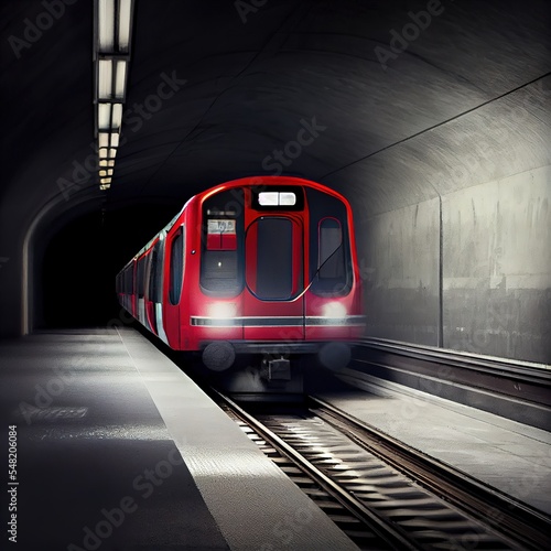 Red subway train at the platform. Blurred motion. Photorealistic illustration generated by Ai