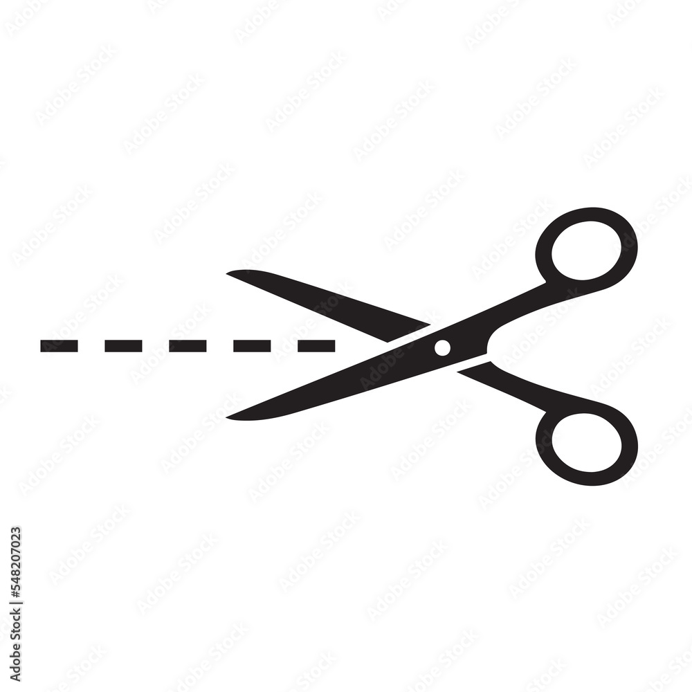vector pictogram of scissors and cutting line, black silhouette icon vector pictogram of scissors and cutting line, black silhouette icon