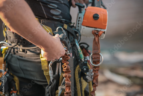 Different safety equipment for arborist or arborists such as ropes, anchors, straps and so on. Detail of arborist equipment. photo