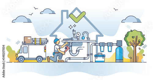 Plumber service with professional faucet or pipes fix work outline concept. Repair dripping water leakage with mechanic handyman skills vector illustration. Technician for sewage and filter problems.