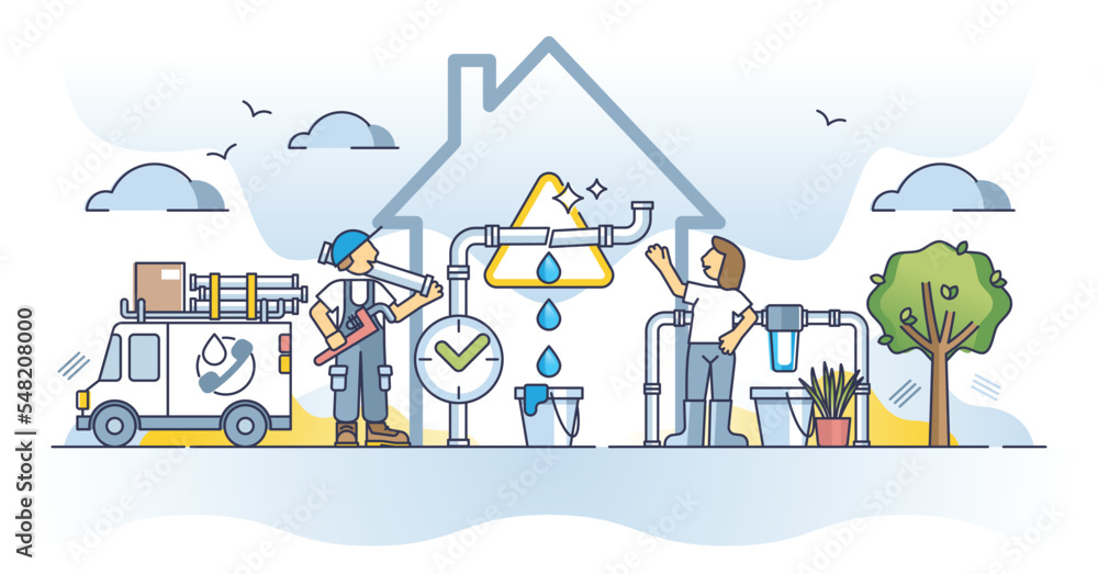 Emergency plumber service or fast pipe accident fix work outline concept. Job with water leakage maintenance after urgent call mechanic inspection vector illustration. Fast solution for dripping water - obrazy, fototapety, plakaty 