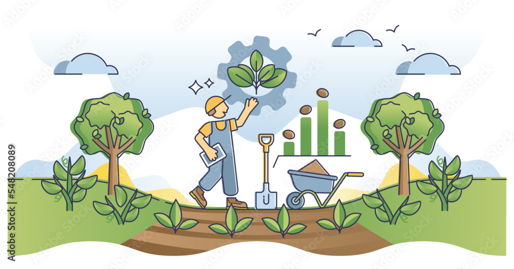 Fototapeta premium Agronomist work with scientific crops productivity research outline concept. Professional biology and agriculture scientist with soil analysis knowledge for effective harvest vector illustration.