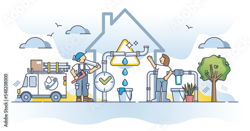 Emergency plumber service or fast pipe accident fix work outline concept. Job with water leakage maintenance after urgent call mechanic inspection vector illustration. Fast solution for dripping water