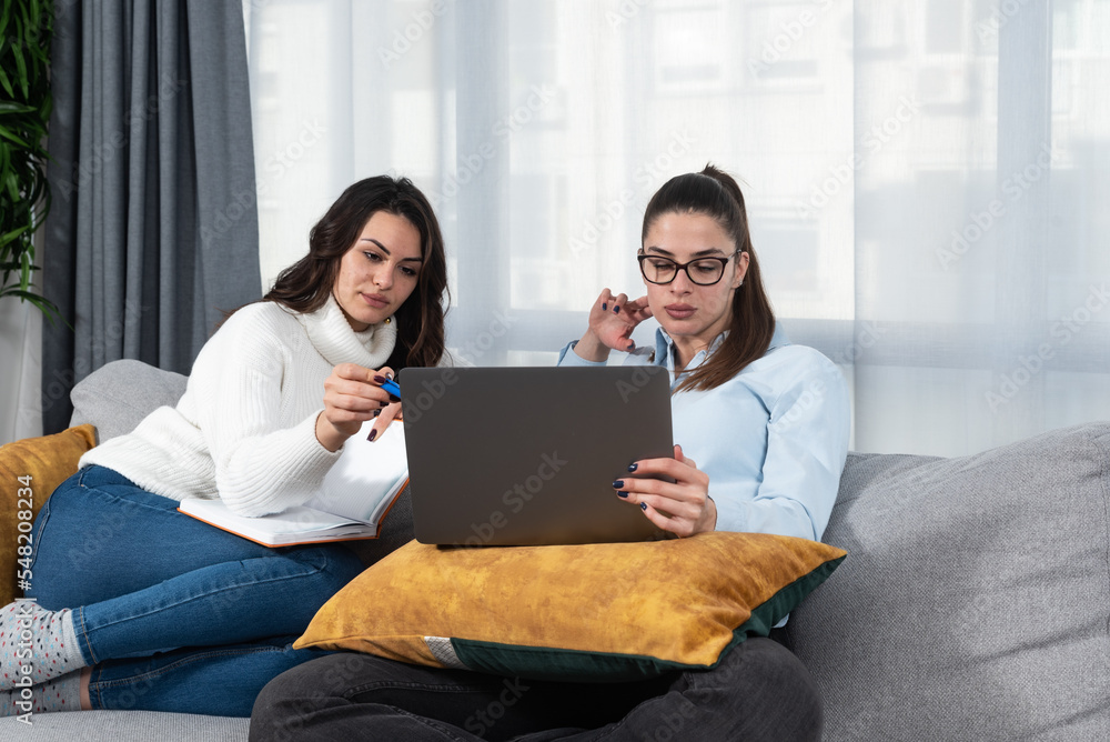 Two young successful women friends and business partners monitor the statistics of their business on a laptop computer and the jump in the value of their small company shares on the stock market. Two young successful women friends and business partners monitor the statistics of their business on a laptop computer and the jump in the value of their small company shares on the stock market.