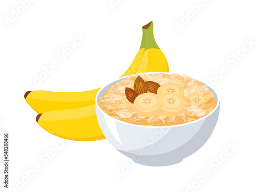 Oatmeal with banana and almonds icon vector. Healthy cereal breakfast with banana fruit icon vector isolated on a white background. Oat flakes breakfast still life drawing