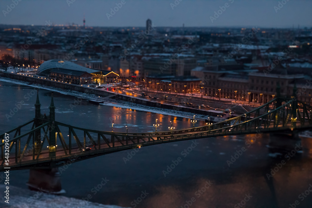 View of the city at dusk.  Budapest Hungary, tilt-shift effect