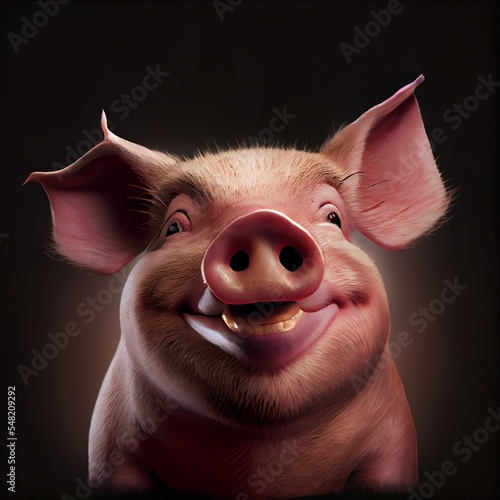 Funny smiling pig portrait. Photorealistic illustrated portrait generated by Ai