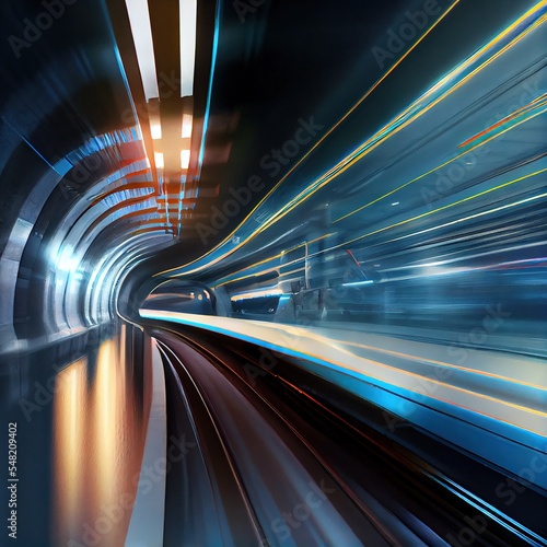 Subway metro underground tunnel with blurry rail tracks. Blurred motion, abstract background. Ai generated, photorealistic illustration © Cheport