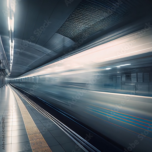 Subway train at the platform blurred in motion. Photorealistic illustration generated by Ai