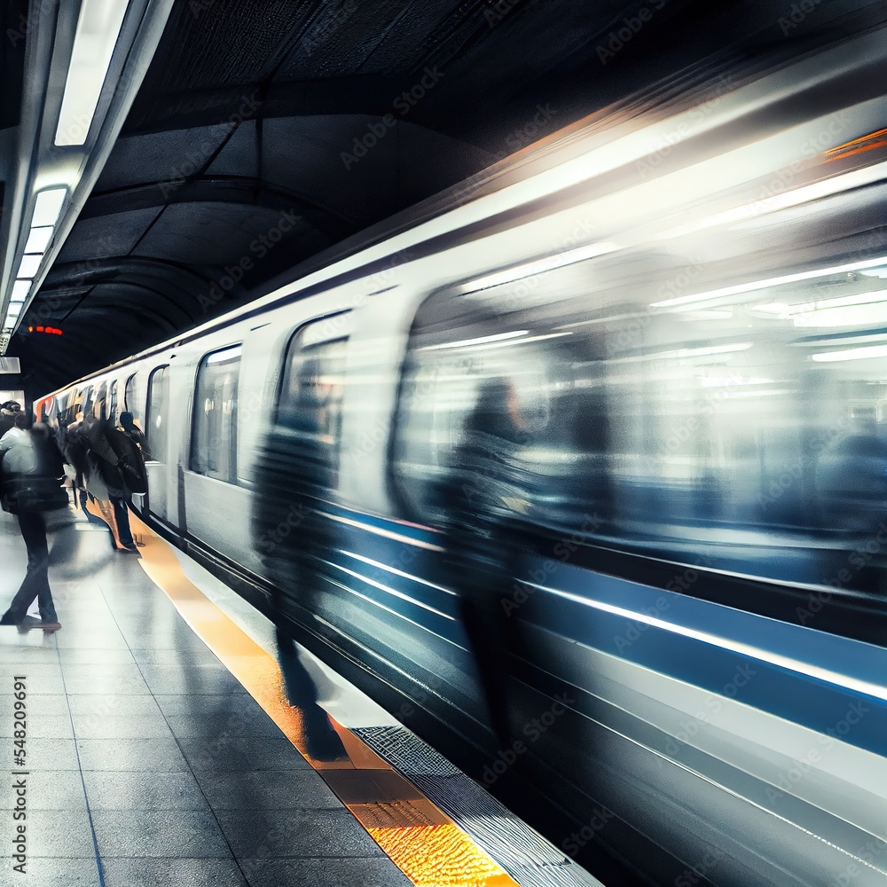 Fototapeta premium Subway train at the platform blurred in motion. Photorealistic illustration generated by Ai